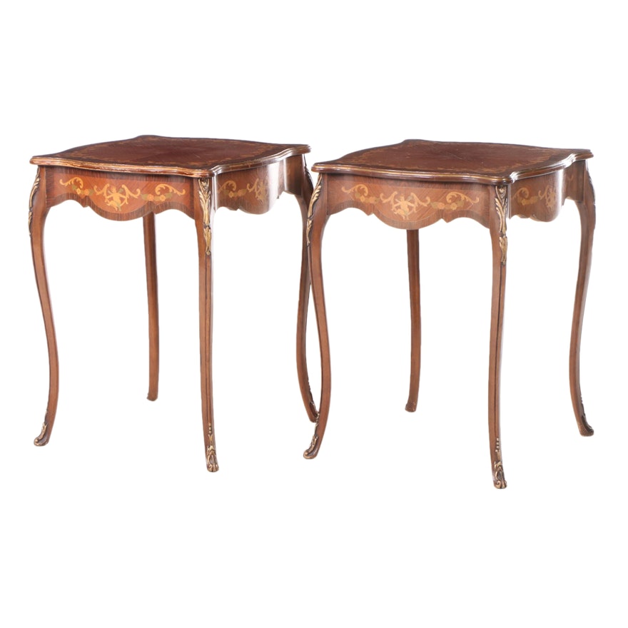Pair of Louis XV Style Marquetry and Gilt-Decorated Side Tables