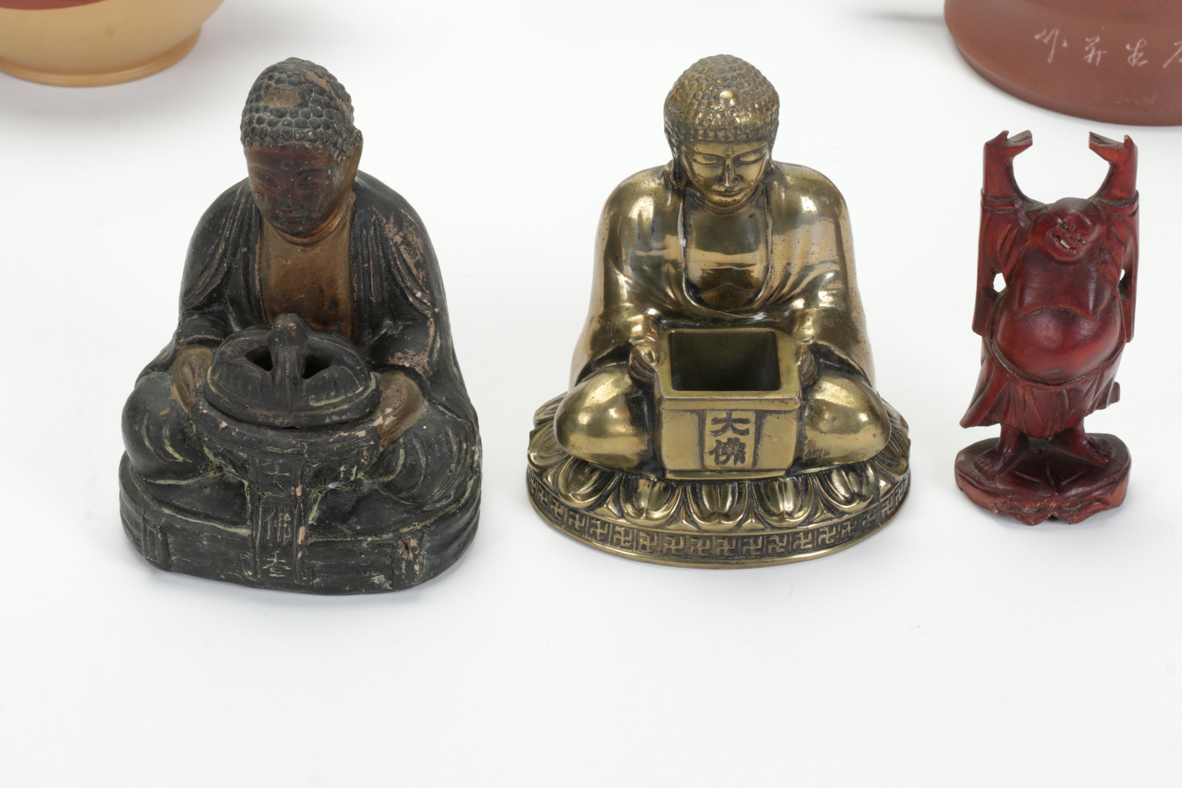 Chinese Yixing Pottery Teapots with Tang Style Horses and Other Buddha