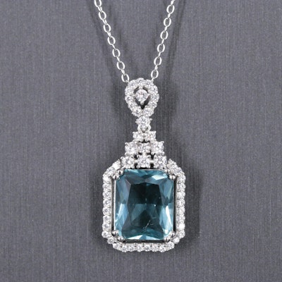 Sterling Silver Necklace Including Aquamarine and Cubic Zirconia