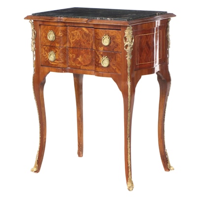 Louis XV Style Gilt Metal-Mounted, Marquetry, and Green Marble Petite Commode
