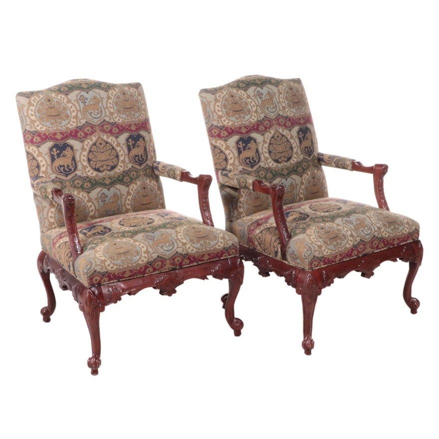 Pair of C.R. Laine George II Style Custom-Upholstered Hardwood Armchairs
