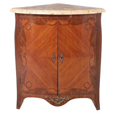 French Louis XV Style Inlaid Corner Cabinet with Yellow Marble Top