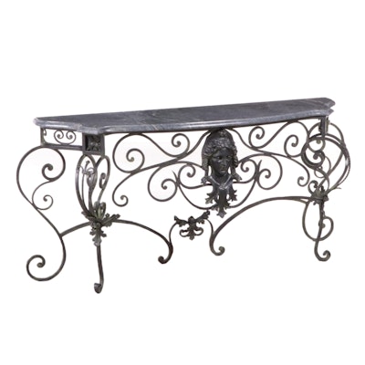 French Baroque Style Wrought Iron and Marble Console Table with Cast Iron Mask