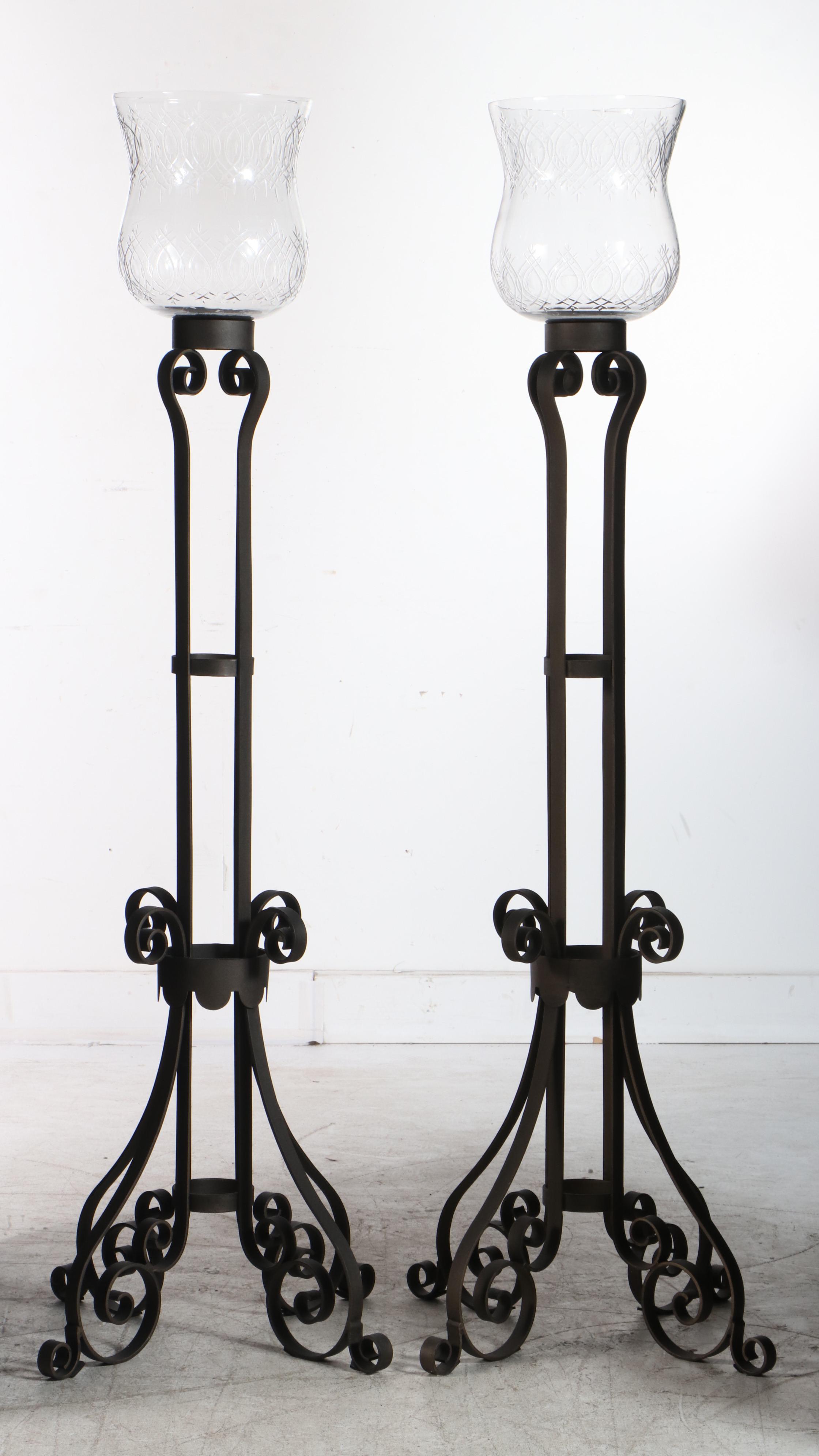 Pair of Wrought Iron Torchere Floor Candle Holders with CutGlass