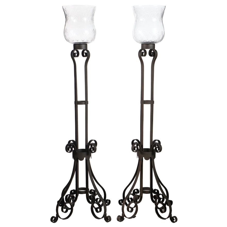 Pair of Wrought Iron Torchere Floor Candle Holders with Cut-Glass Shades