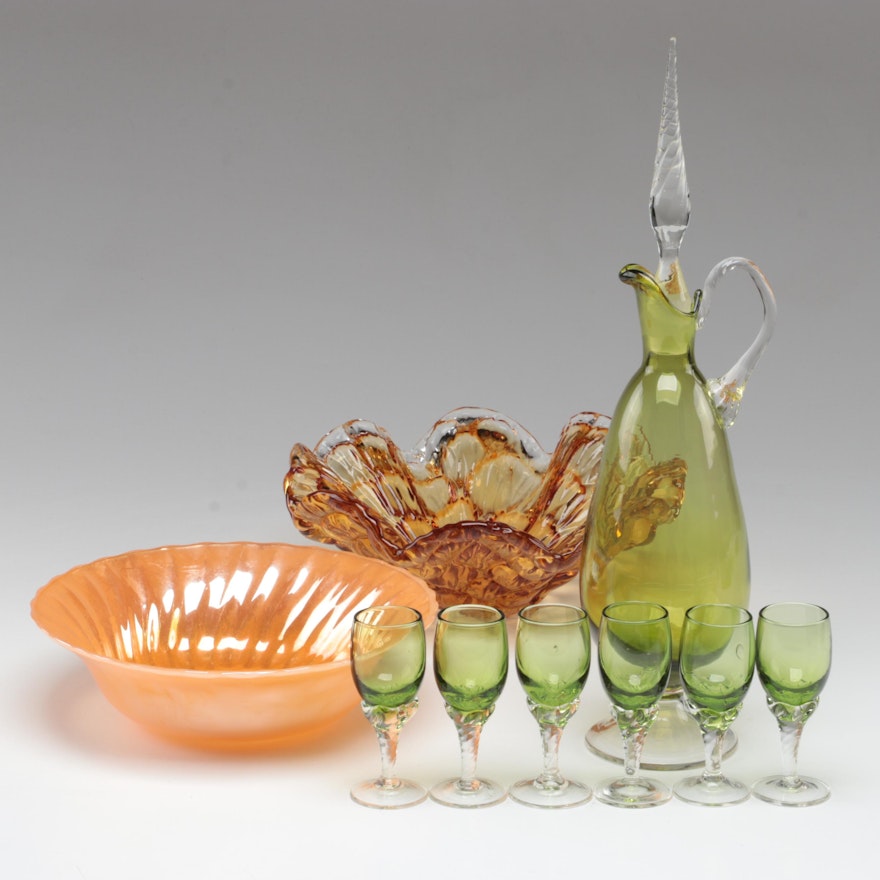 Anchor Hocking Peach Luster Bowl with Murano Glass Bowl and Decanter Set