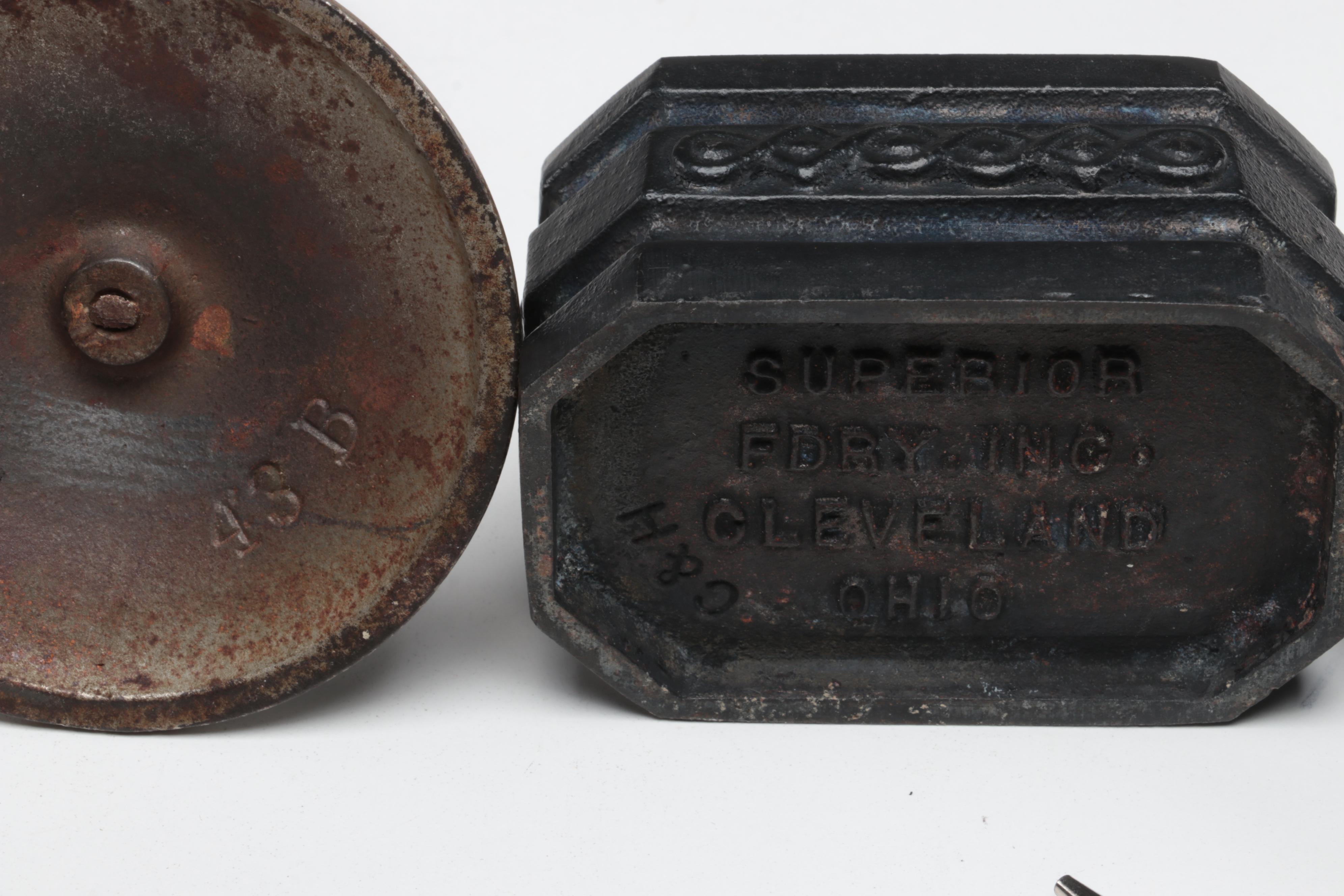 Cast Iron Domed Box with L.E. Smith Horse Bookends, Pocket Knives and