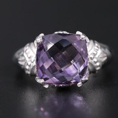 Sterling Silver Amethyst Ring with Flourished Accents