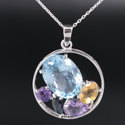 Sterling Multi Gemstone Pendant Necklace Including Sapphire, Topaz, and Citrine