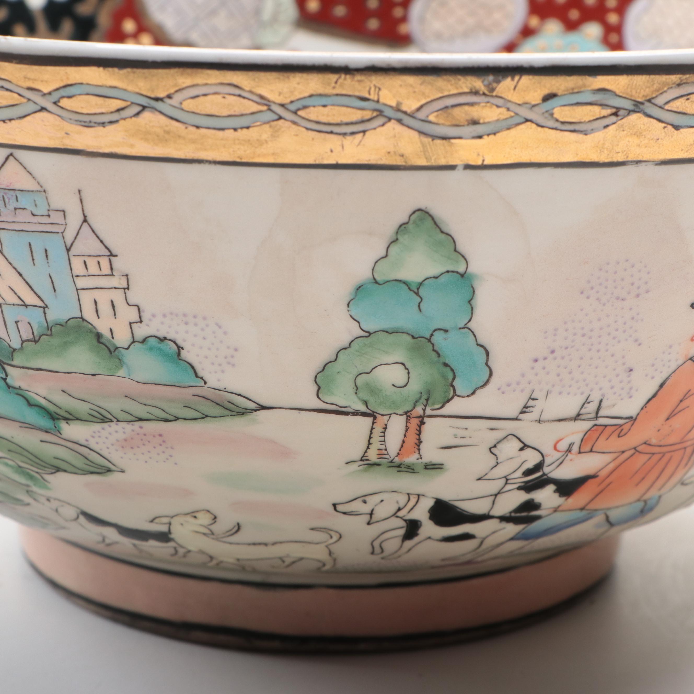 Chinese Export Style Porcelain Hunt Scene Punch Bowls | EBTH