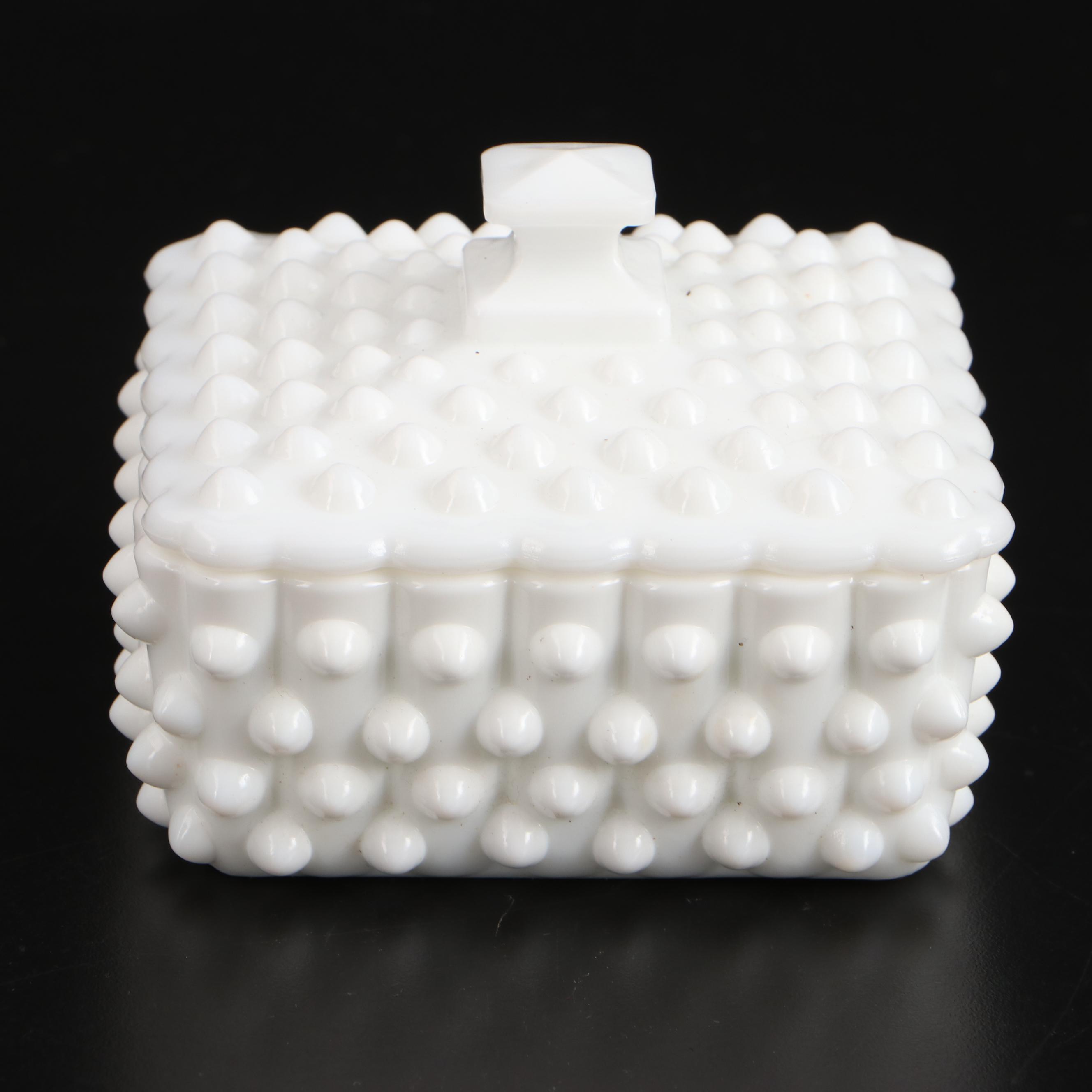 Hobnail Milk Glass Ashtrays, Lighter, Box with Lamp, Bowl, and Perfume