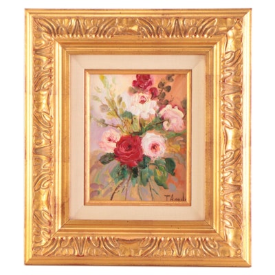 T. Aguilar Floral Still Life Oil Painting, Late 20th Century