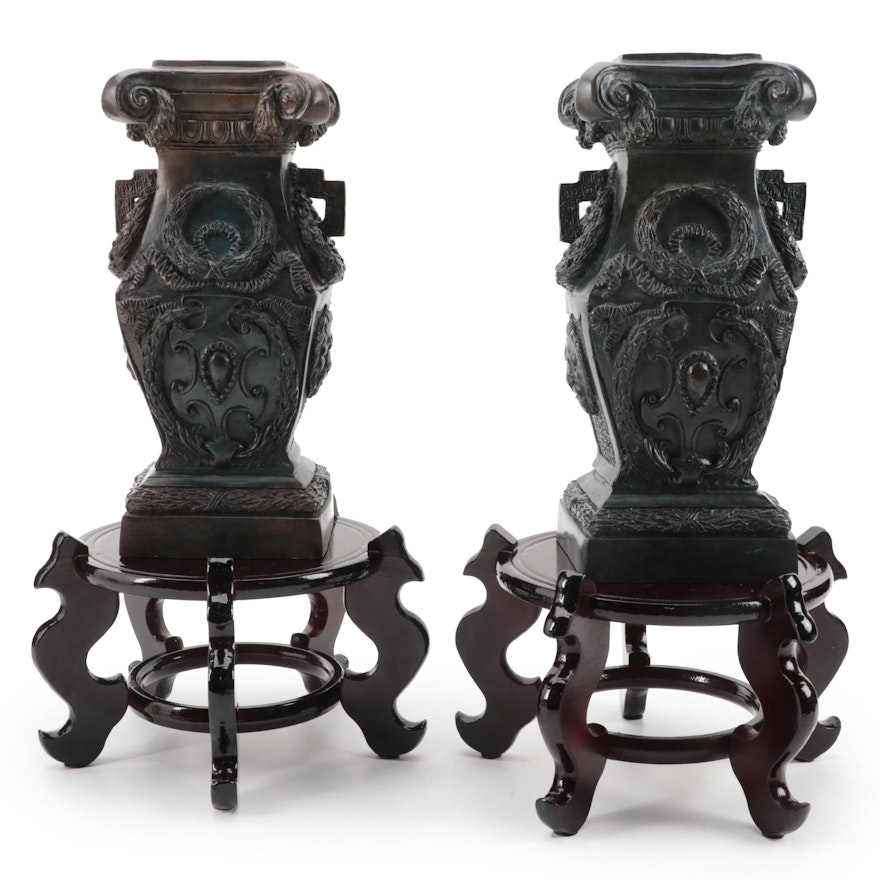 Maitland-Smith Cast Metal Neoclassical Style Vases on Wooden Pedestals