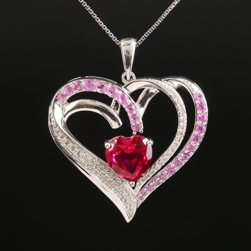 Sterling Ruby and Sapphire Heart Pendant Necklace