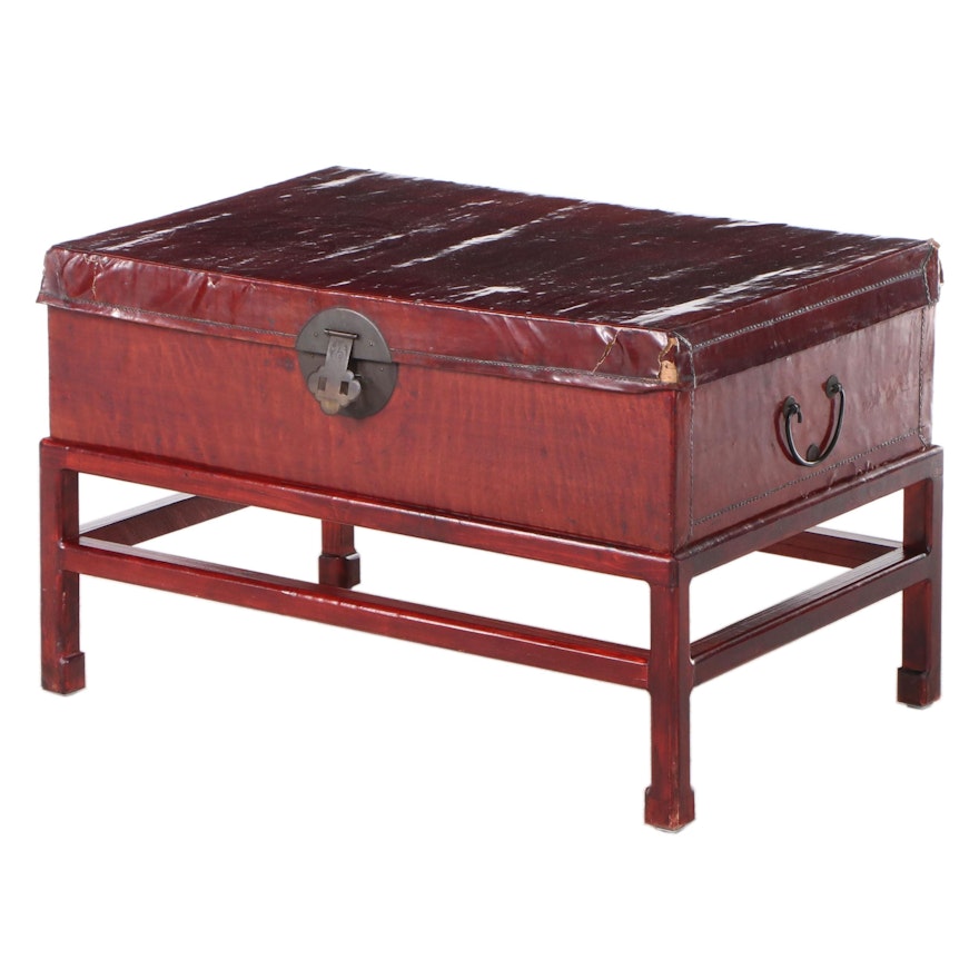 Chinese Red-Lacquered Pigskin Trunk-on-Stand
