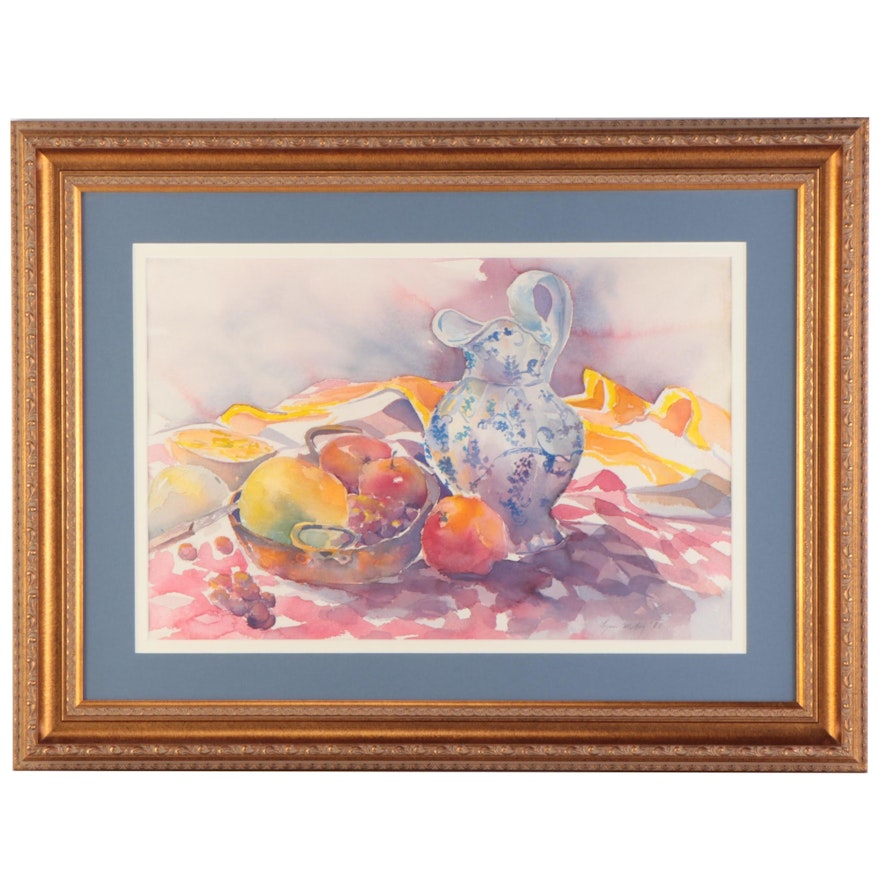 Lynn Malloy Still Life Watercolor Painting of Fruit and Pitcher, 1985