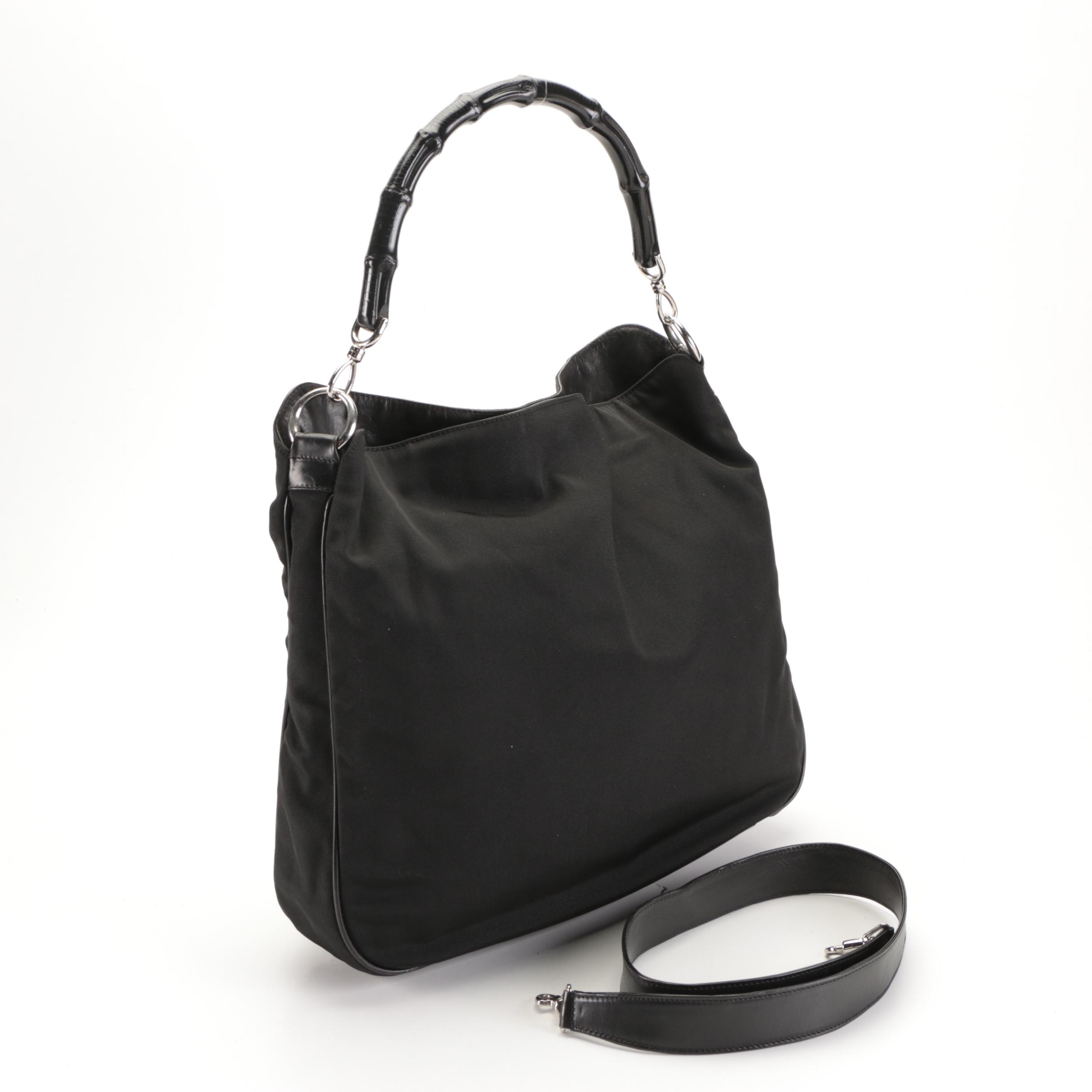 Gucci Bamboo Handle Convertible Shoulder Bag in Black Nylon Canvas EBTH