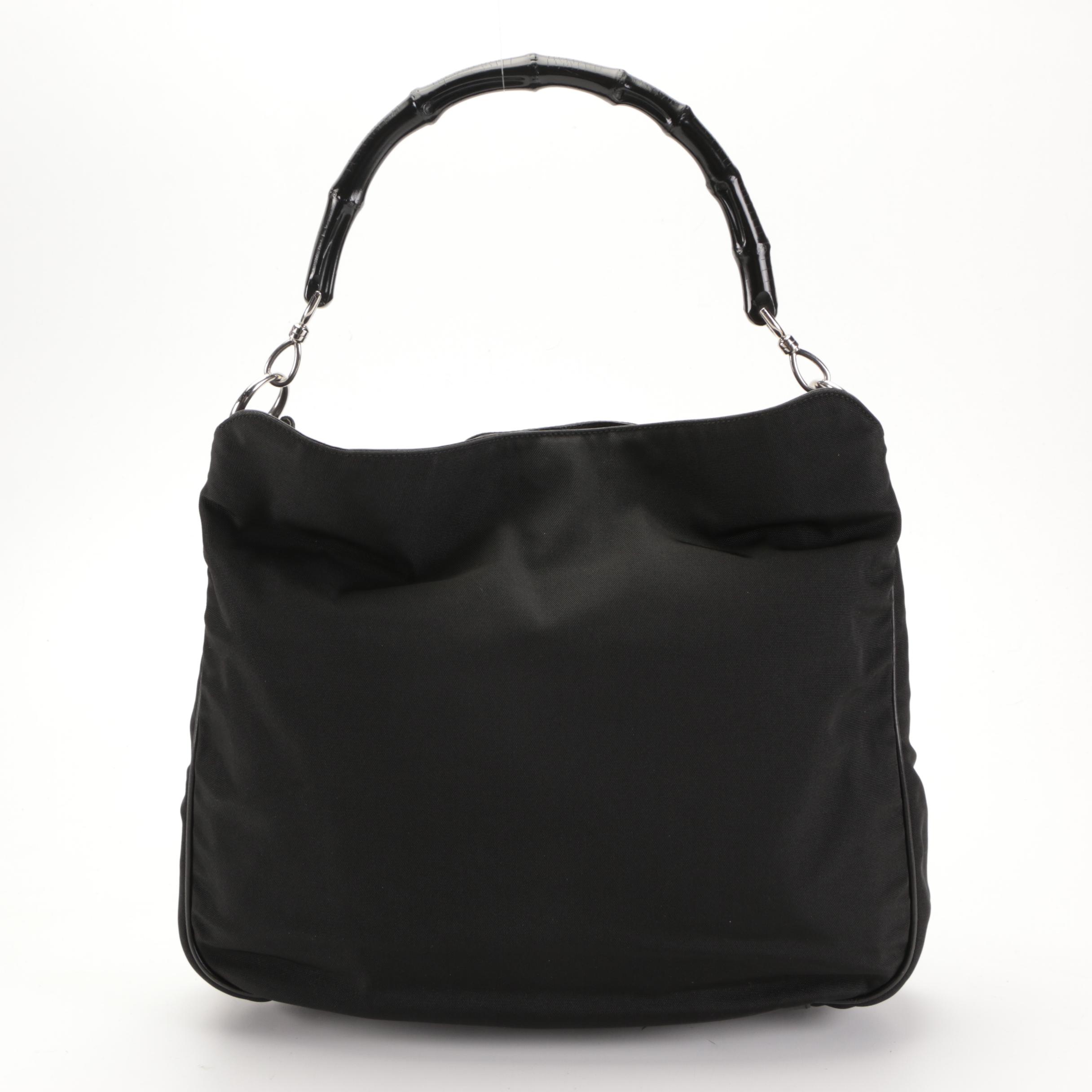 Gucci Bamboo Handle Convertible Shoulder Bag in Black Nylon Canvas EBTH