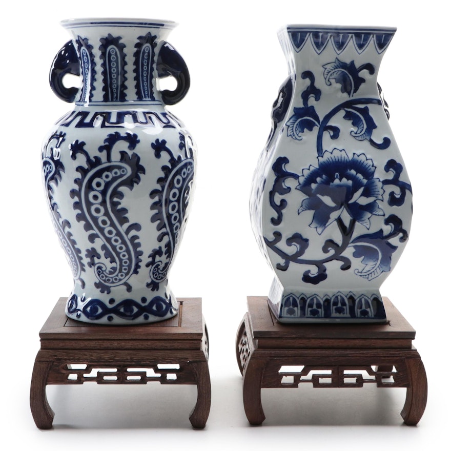 Chinese Style Porcelain Blue and White Vases with Wooden Stands
