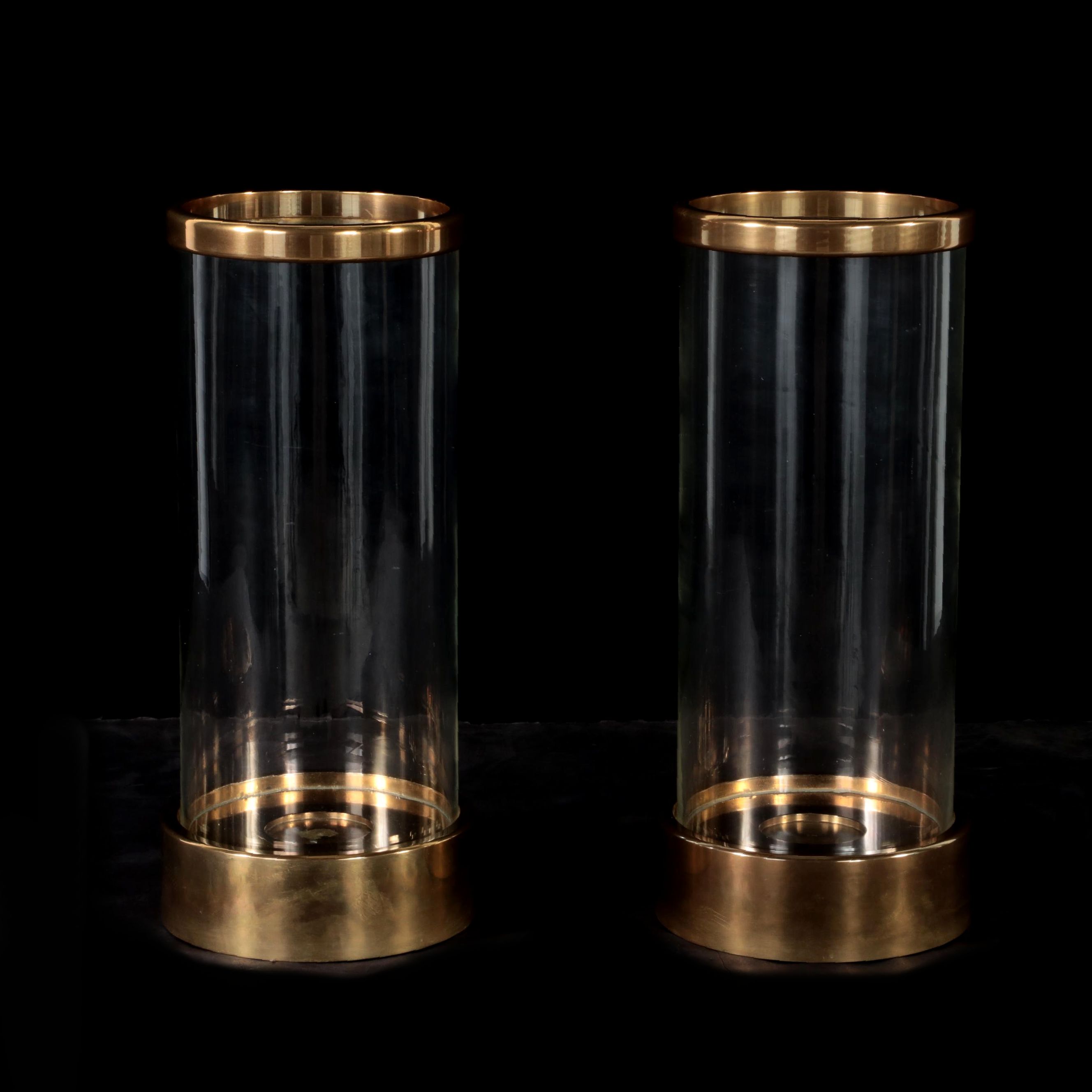 Pair of Chapman Brass and Glass Pillar Candle Hurricanes, 1977 EBTH
