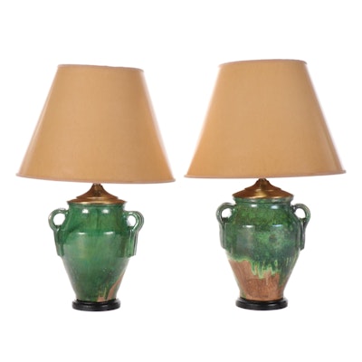 Green Drip Glazed Earthenware Amphora Vase Table Lamps