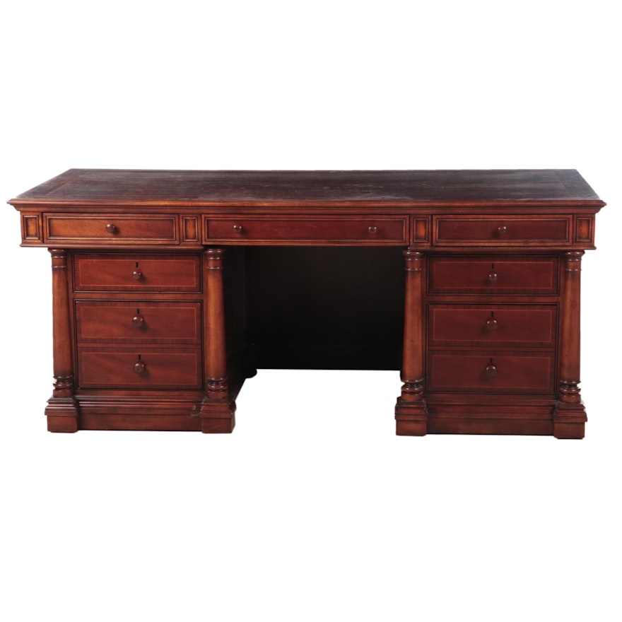 Thomasville Classical Style Mahogany and Cross-Banded Double-Pedestal Desk
