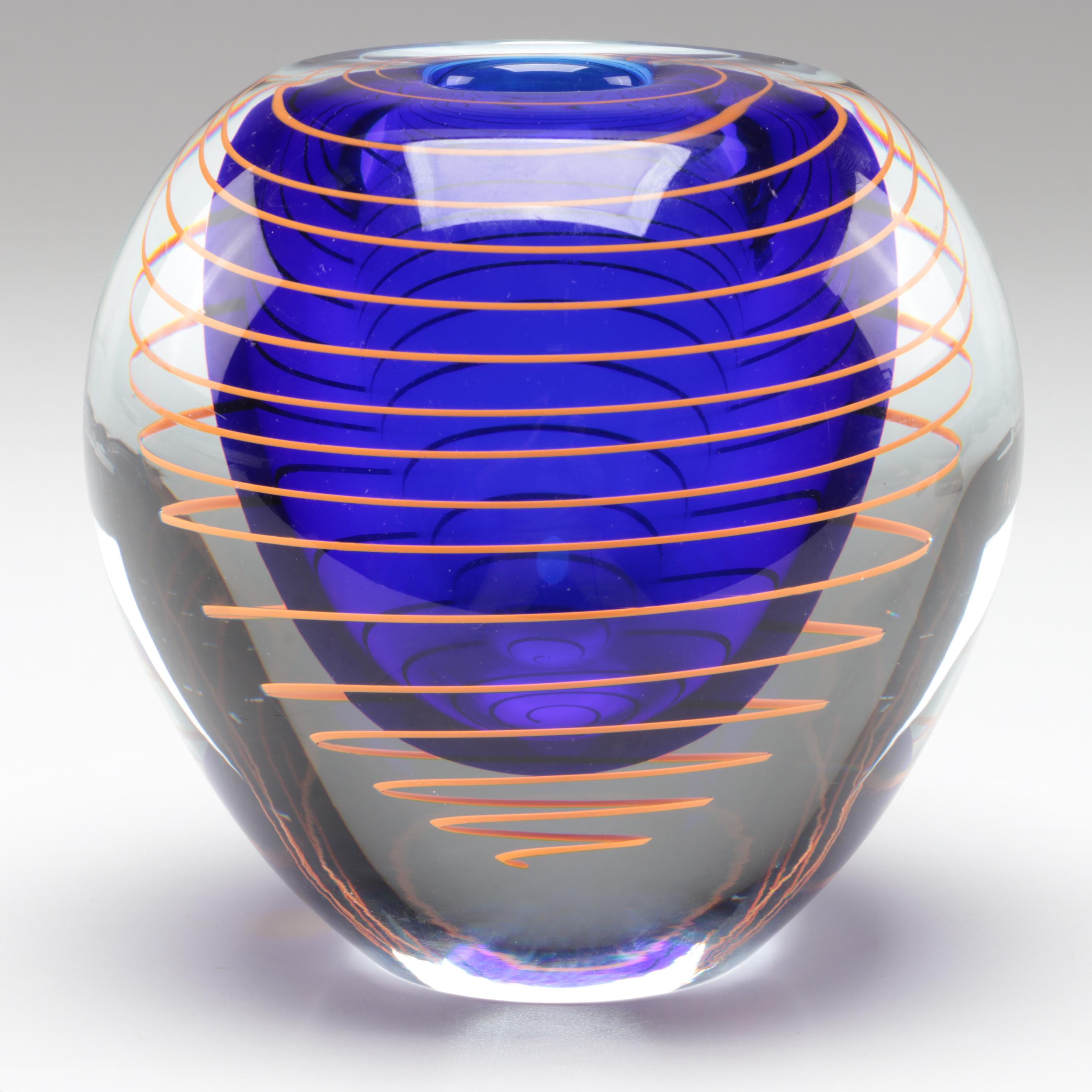 Stanislav Libenský for Skrdlovice Beránek Orange Threaded Cobalt Blue