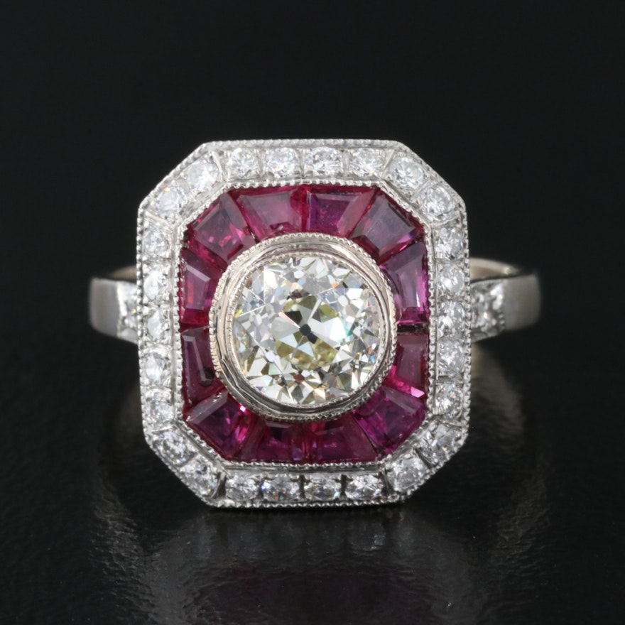 Art Deco 18K 1.50 CTW Diamond and Ruby Ring with 14K Accent