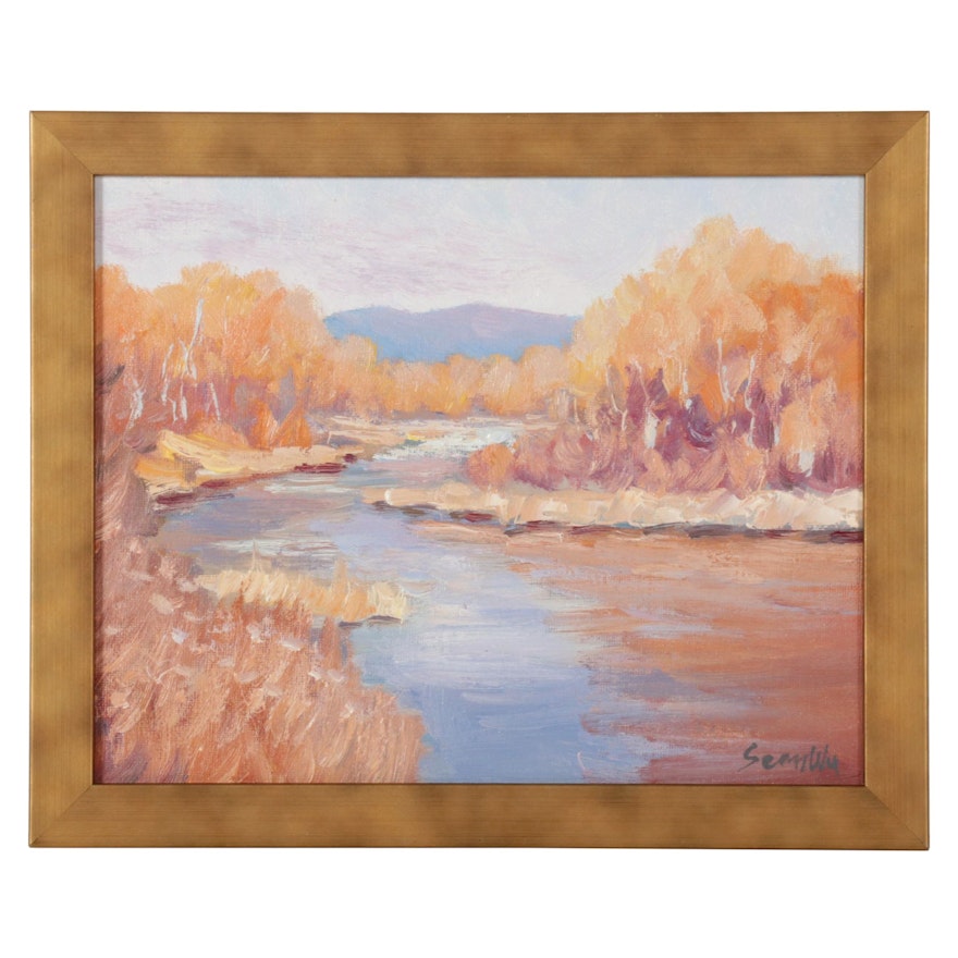 Sean Wu Autumn River Landscape Oil Painting, 2022