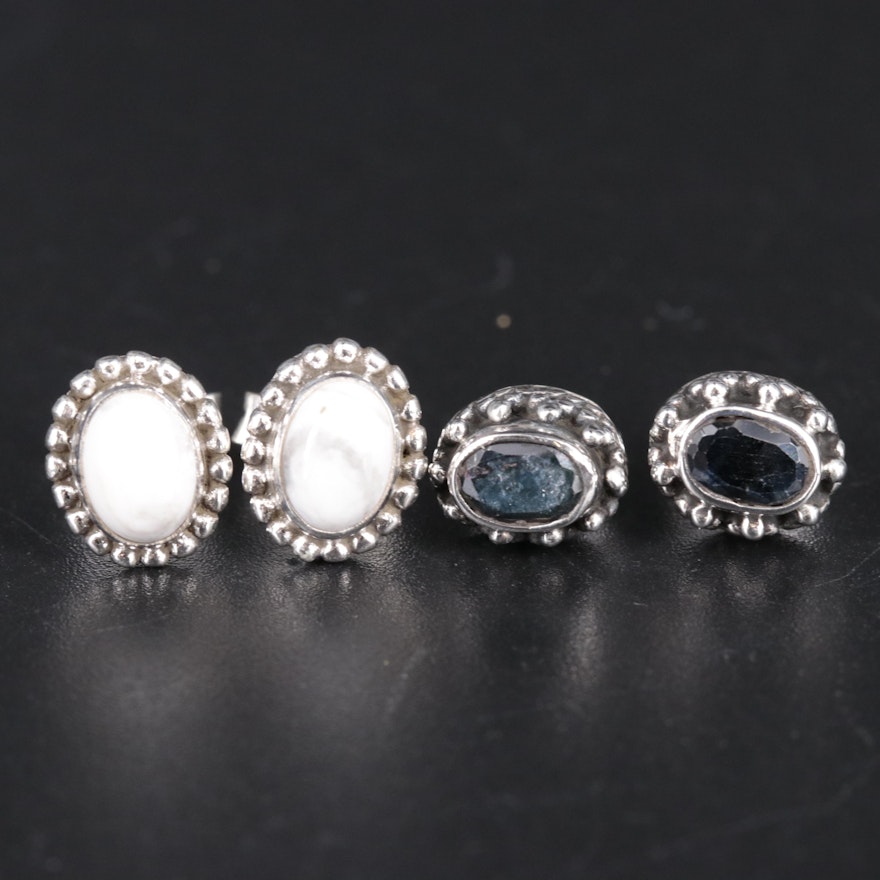 Sterling Silver Howlite and Sapphire Stud Earrings