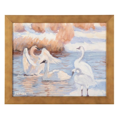 Sean Wu Oil Painting of Swans in Winter, 2022