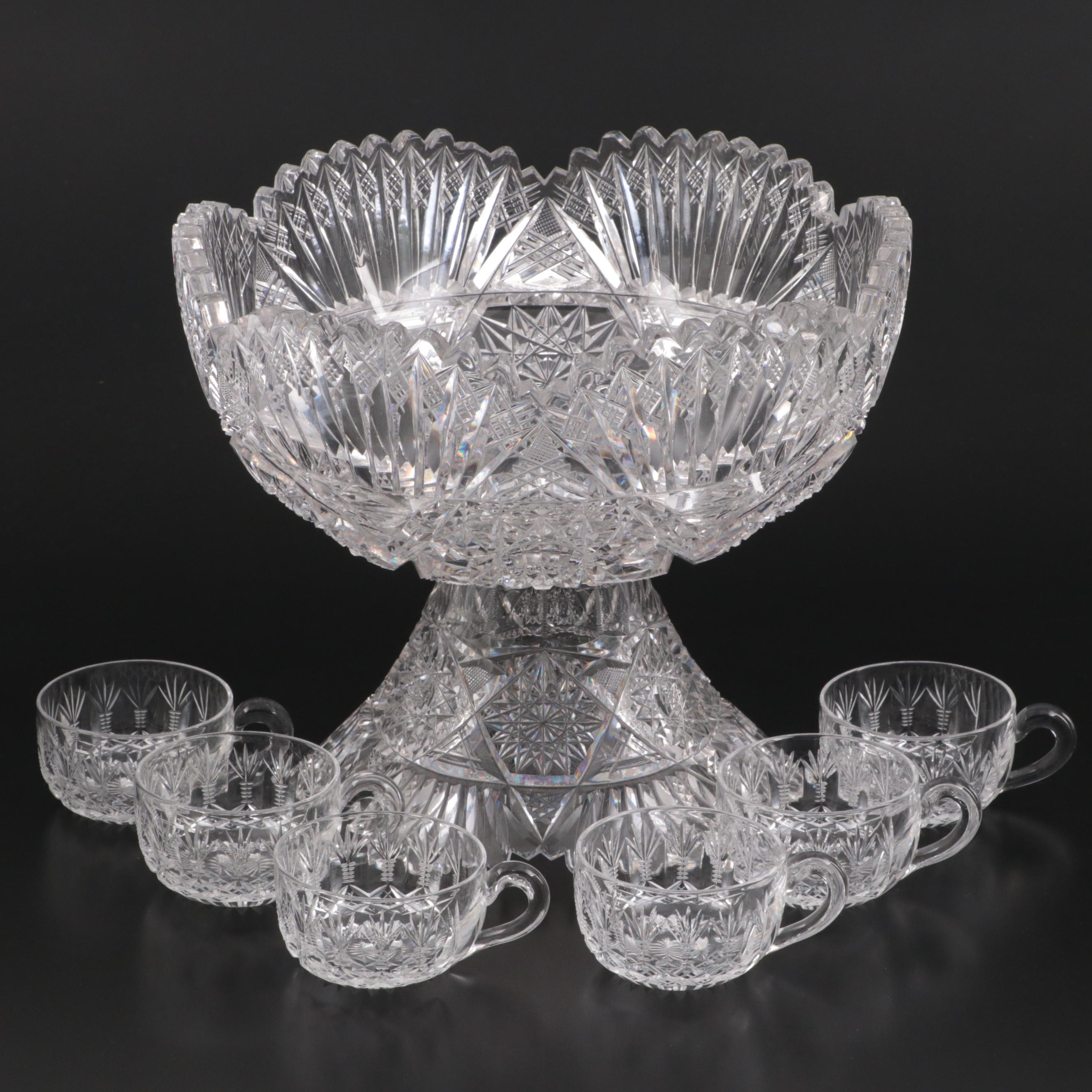 American Brilliant Style Cut Glass Punch Bowl and Cups, 20th Century EBTH