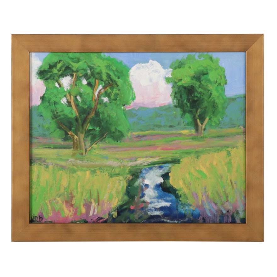 Kenneth R. Burnside Landscape Oil Painting of Pastoral Creek, 21st Century