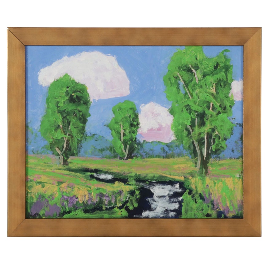 Kenneth R. Burnside Rural Creekside Landscape Oil Painting, 21st Century