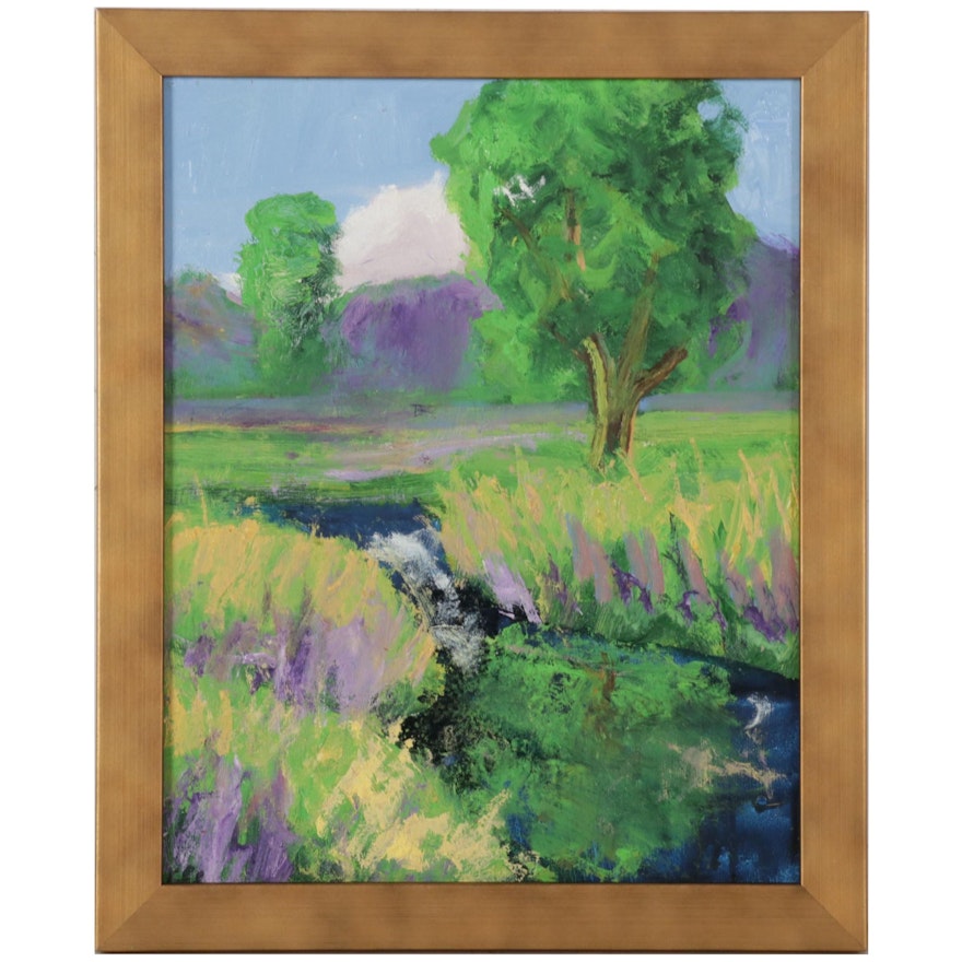 Kenneth R. Burnside Oil Painting of Purple Wildflowers by Stream, 21st Century