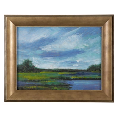 Sulmaz H. Radvand Landscape Oil Painting of Rural Pond and Field, 2022