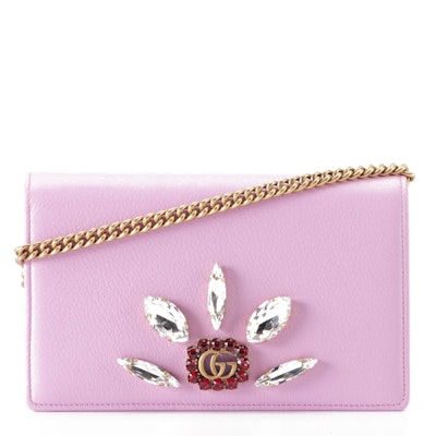 Gucci GG Marmont Crystal Chain Wallet in Lilac Grained Leather with Box