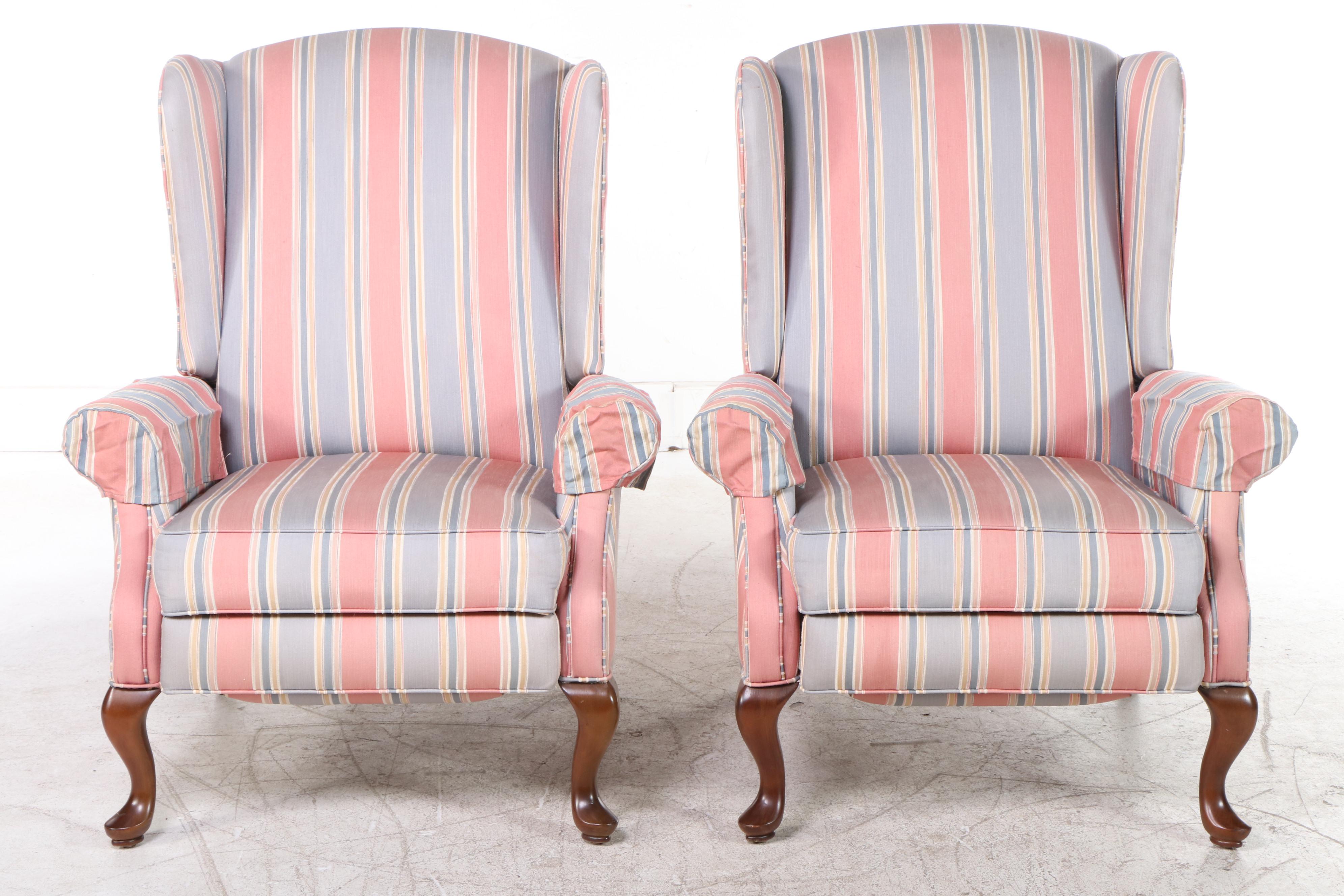 Pair of Burris Industries Queen Anne Style CustomUpholstered Wingback