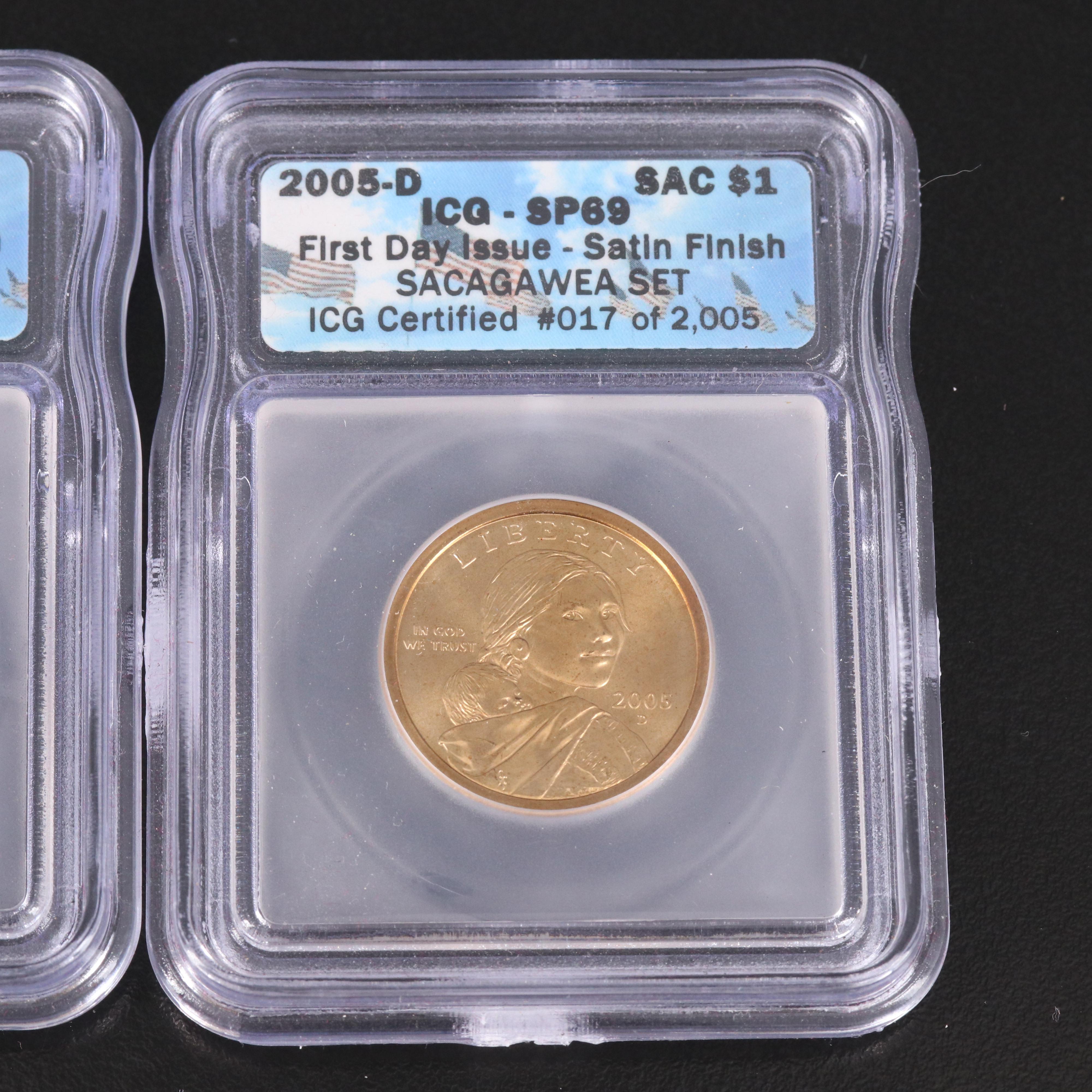 Two 2005 ICG Graded SP69 Sacagawea Dollars, Satin Finish EBTH
