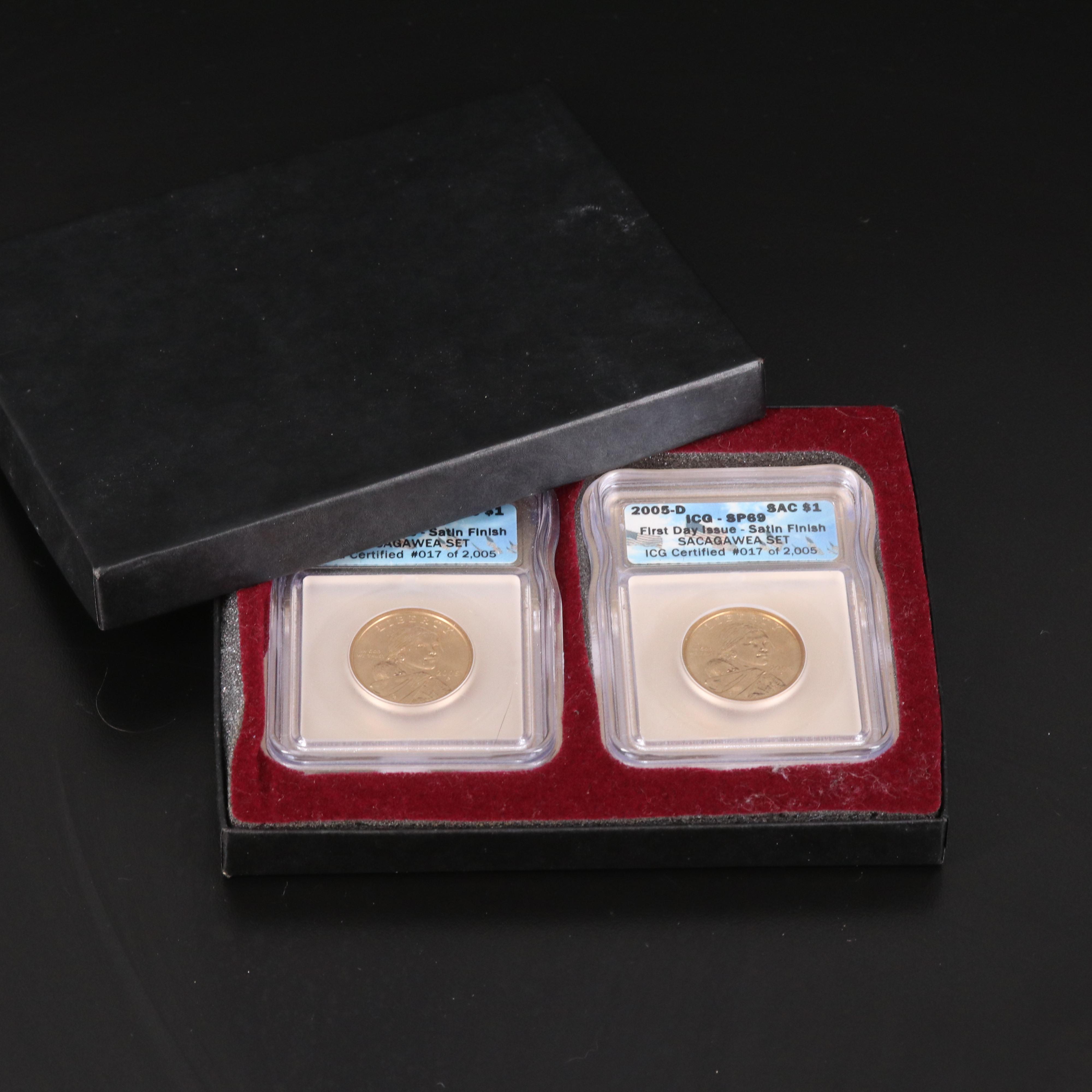Two 2005 ICG Graded SP69 Sacagawea Dollars, Satin Finish EBTH
