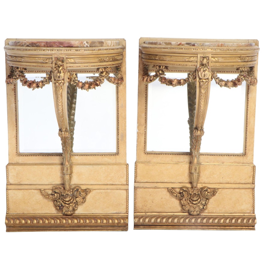 Pair of Louis XVI Style Giltwood Console Pier Tables with Marble Tops