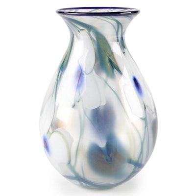 Charles Lotton "Multi Floral" Iridescent Art Glass with Trailing Vase, 1980