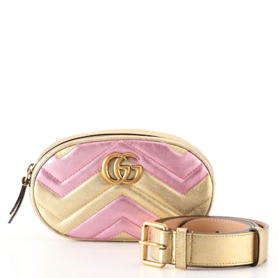 Gucci Marmont Belt Bag in Metallic Gold and Pink Matelassé Leather