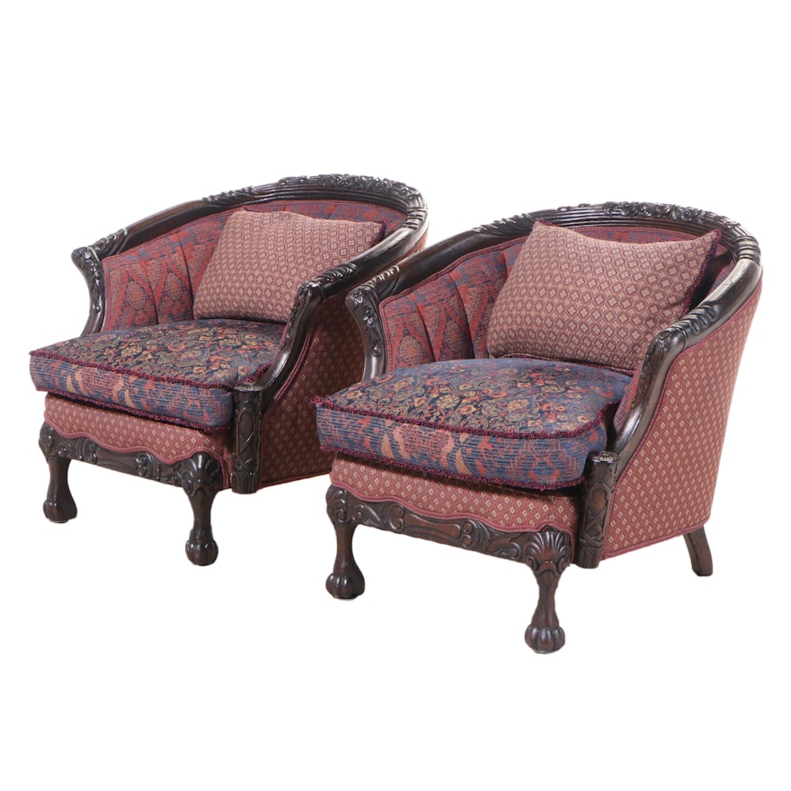 Pair of Carol Hicks Bolton for EJ Victor Carved Tub Chairs in Multi-Patterns