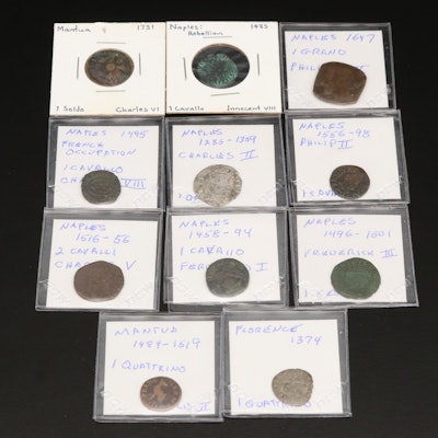 Group of Eleven Italian States Copper and Billon Coins Dated from 1374-1731