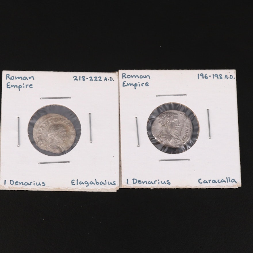 Two Ancient Roman Imperial AR Denarius Coins, ca. 196 to 222 AD
