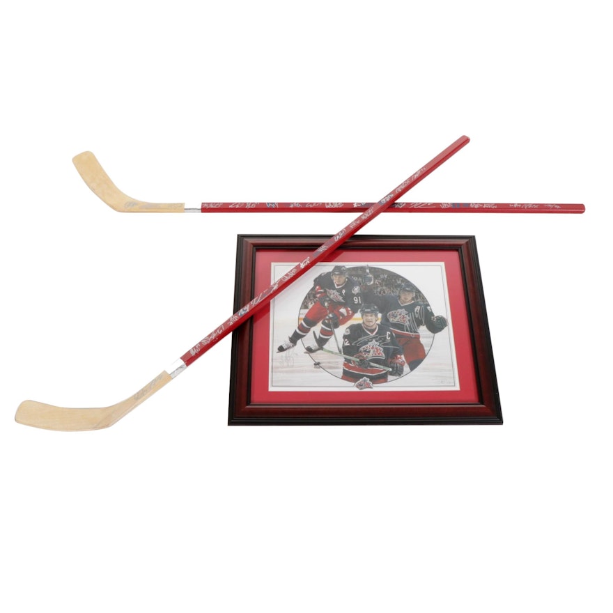Columbus Blue Jackets Signed Hockey Sticks and Framed Giclée Print