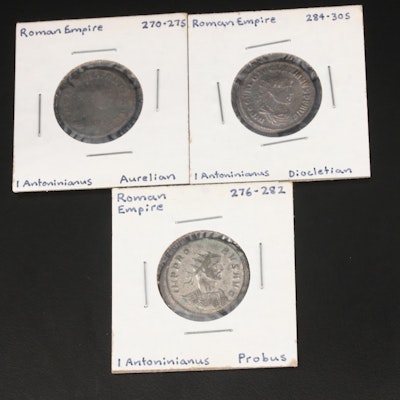 Three Ancient Roman Imperial AE Antoninianus Coins, ca. 270 to 305 AD