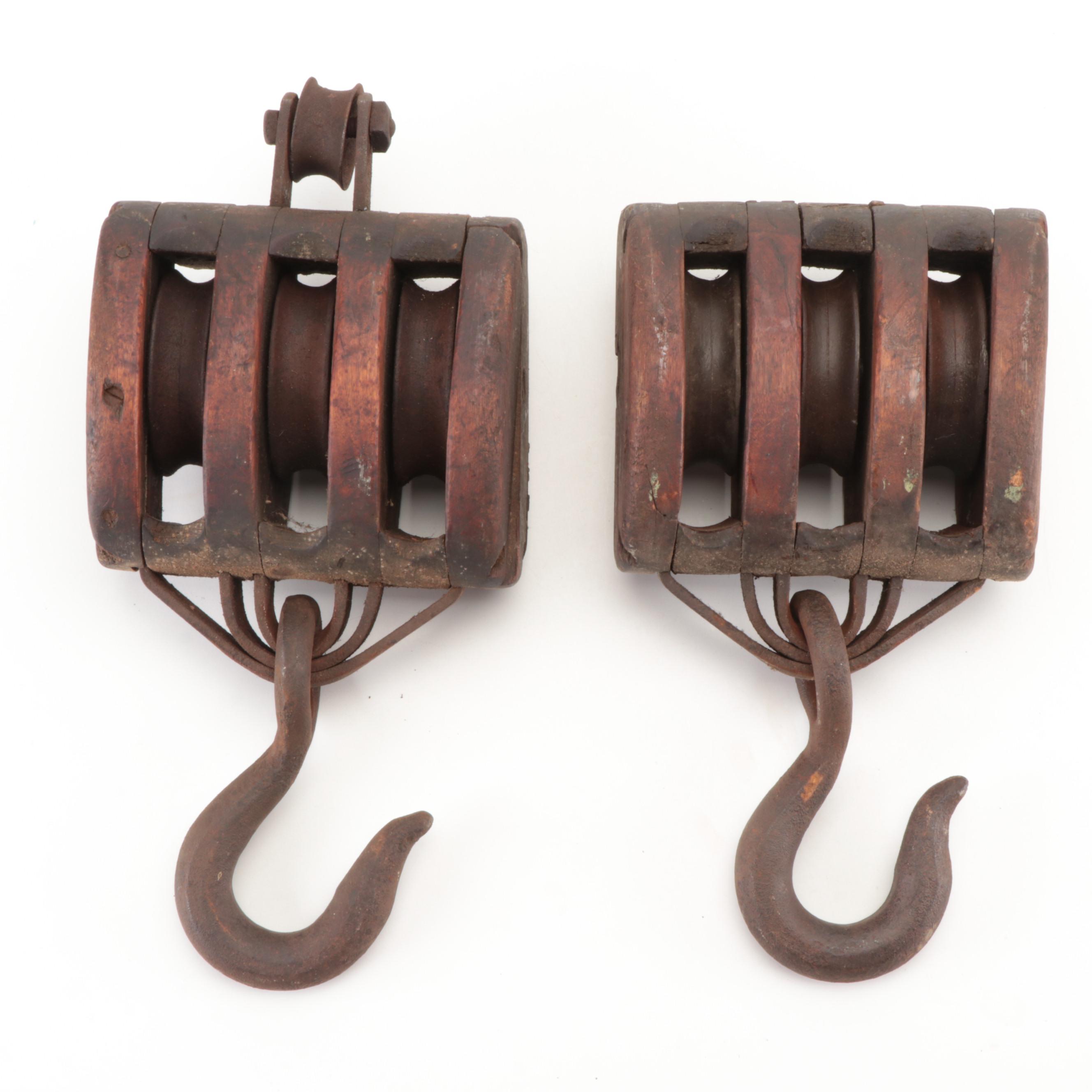 Cast Iron and Wood Single, Double and Triple Block and Tackle Pulleys