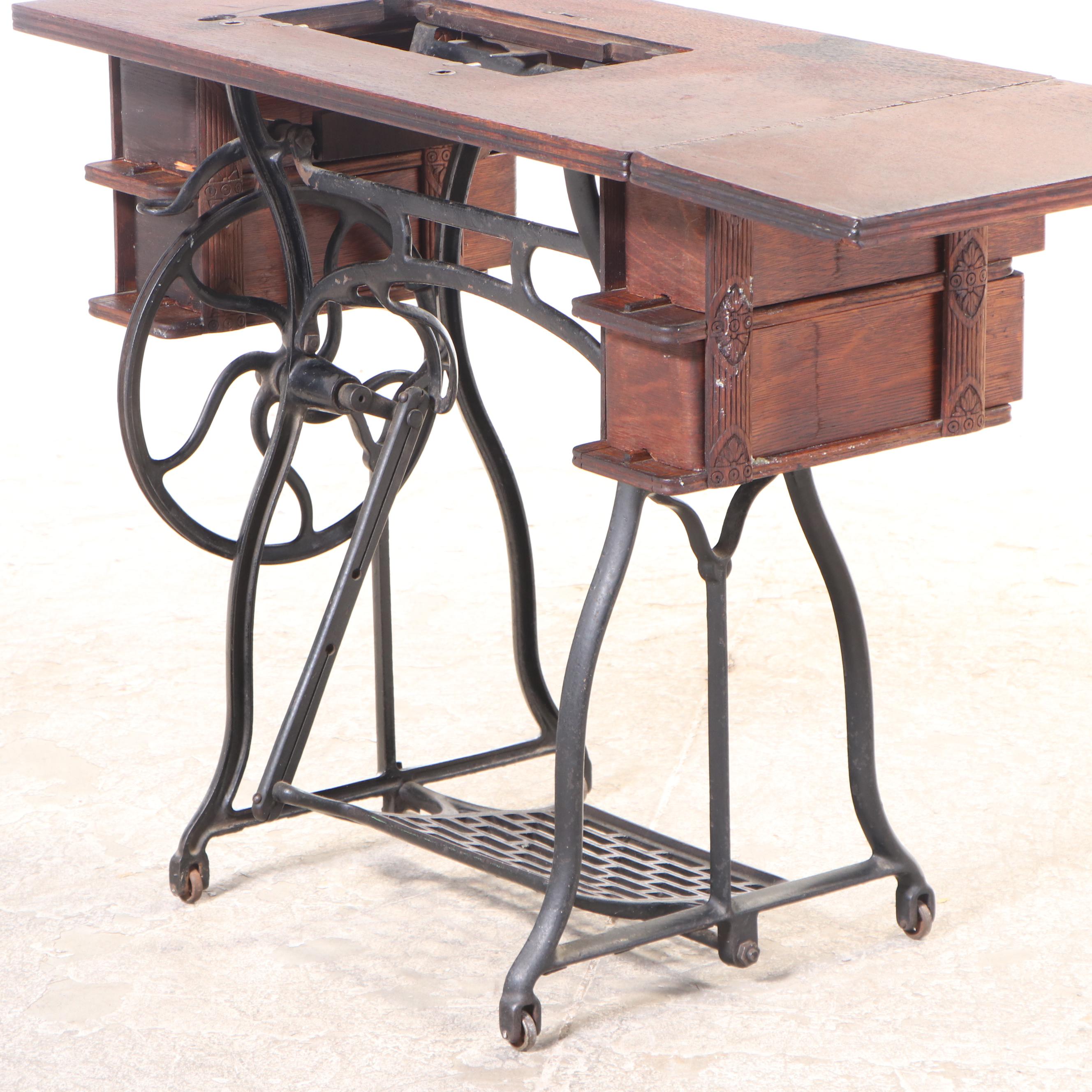 Wheeler & Wilson PressDecorated Oak and Cast Iron Sewing Machine Table